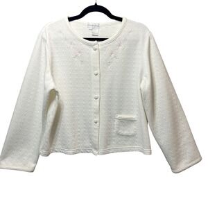 Miss Elaine Ivory Quilted Floral Embroidered Button Front‎ Cardigan Medium Retro